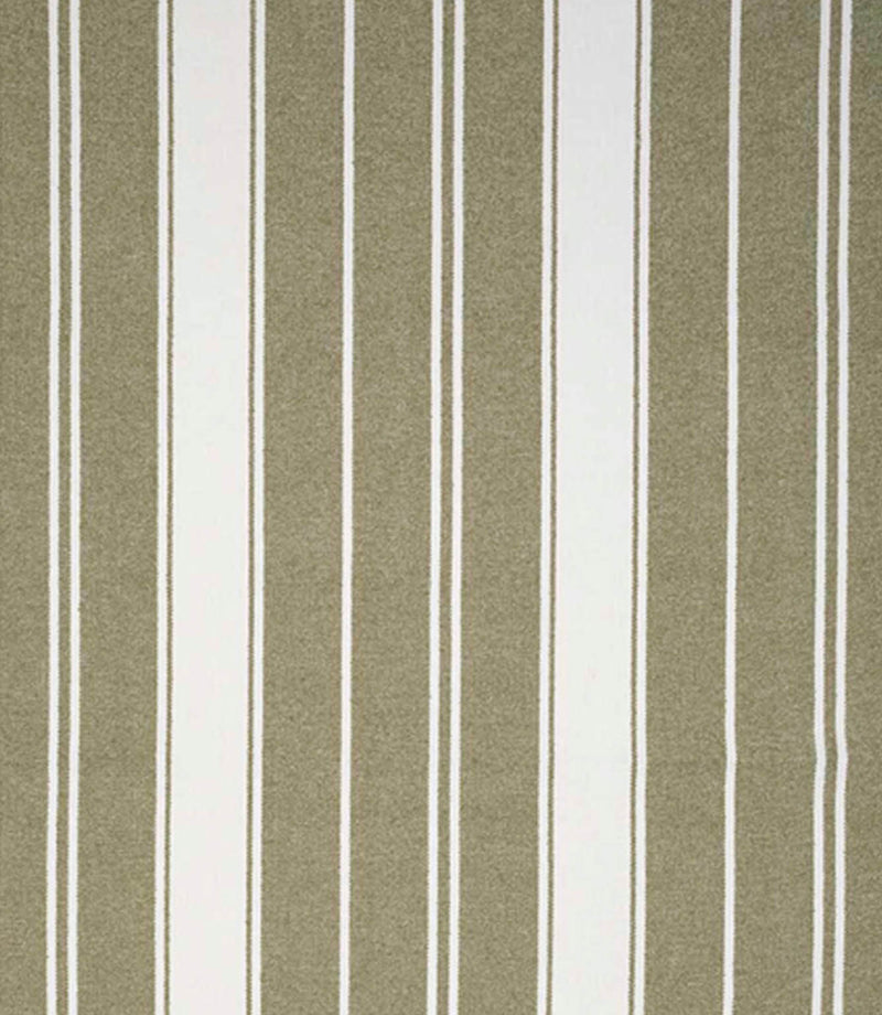 Woven stripe fabric with wide and narrow vertical lines in muted olive green and warm neutral tones, offering a natural, relaxed look with soft texture.