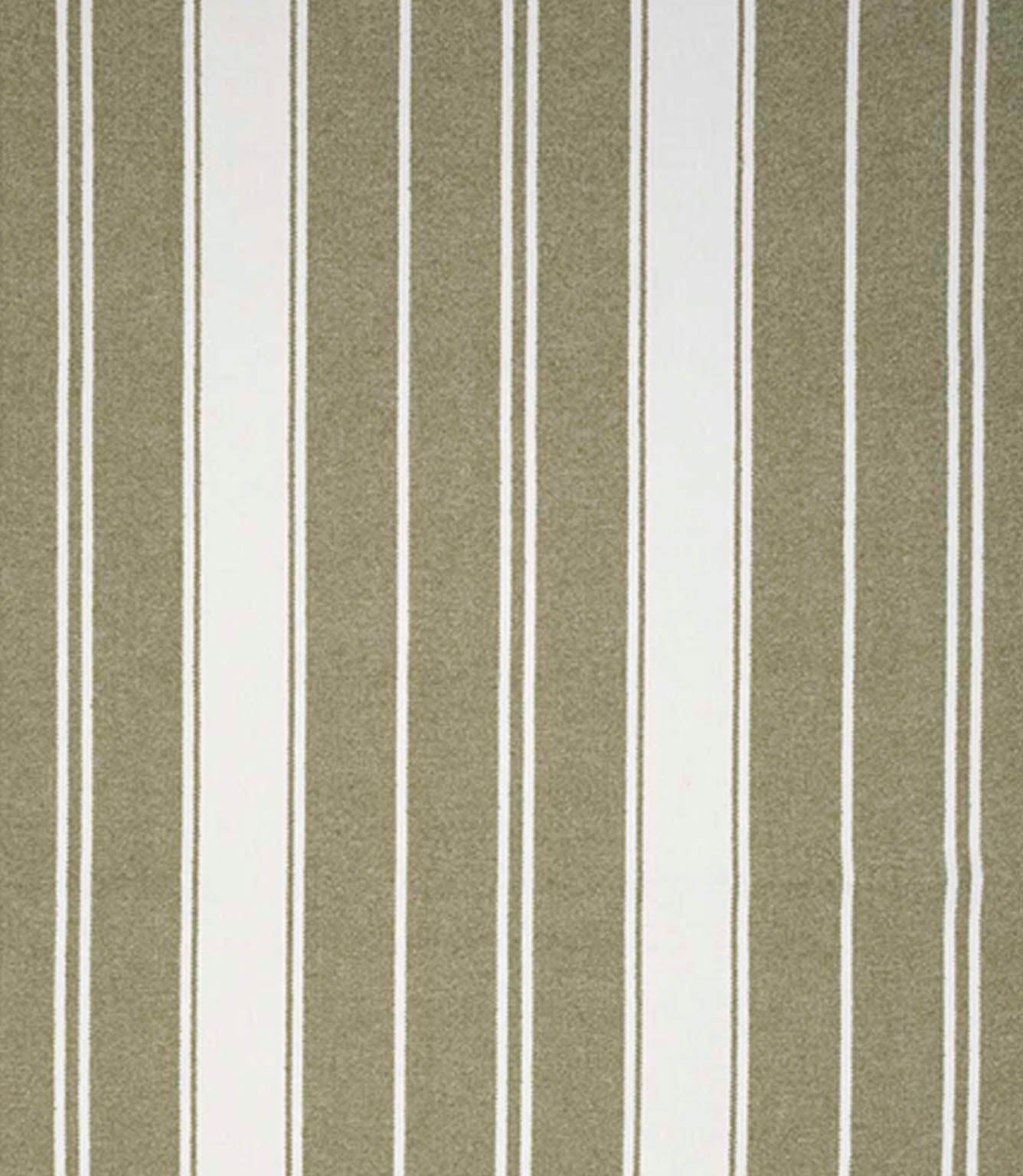 Woven stripe fabric with wide and narrow vertical lines in muted olive green and warm neutral tones, offering a natural, relaxed look with soft texture.