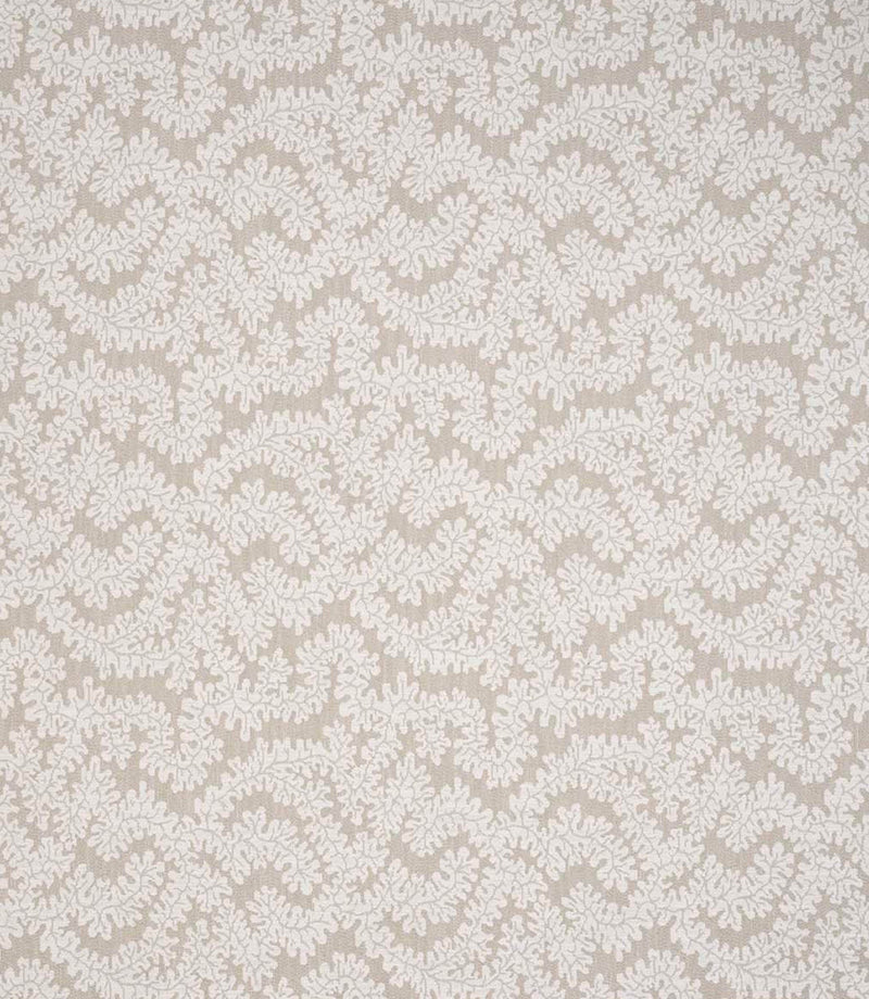 Detailed view of foliage patterned woven fabric with an organic, layered design in warm neutral and cream tones.