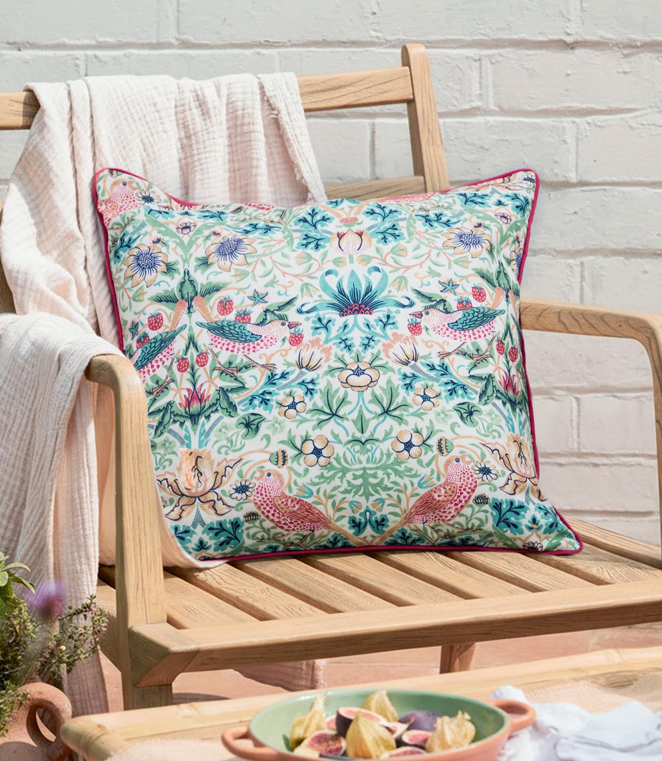 Strawberry Thief Coral / Leaf Green Piped Outdoor Cushion