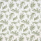 Upholstery fabric with a contemporary embroidered leaf design in soft olive green on a light neutral background.