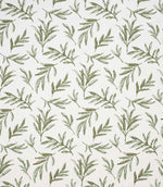 Upholstery fabric with a contemporary embroidered leaf design in soft olive green on a light neutral background.