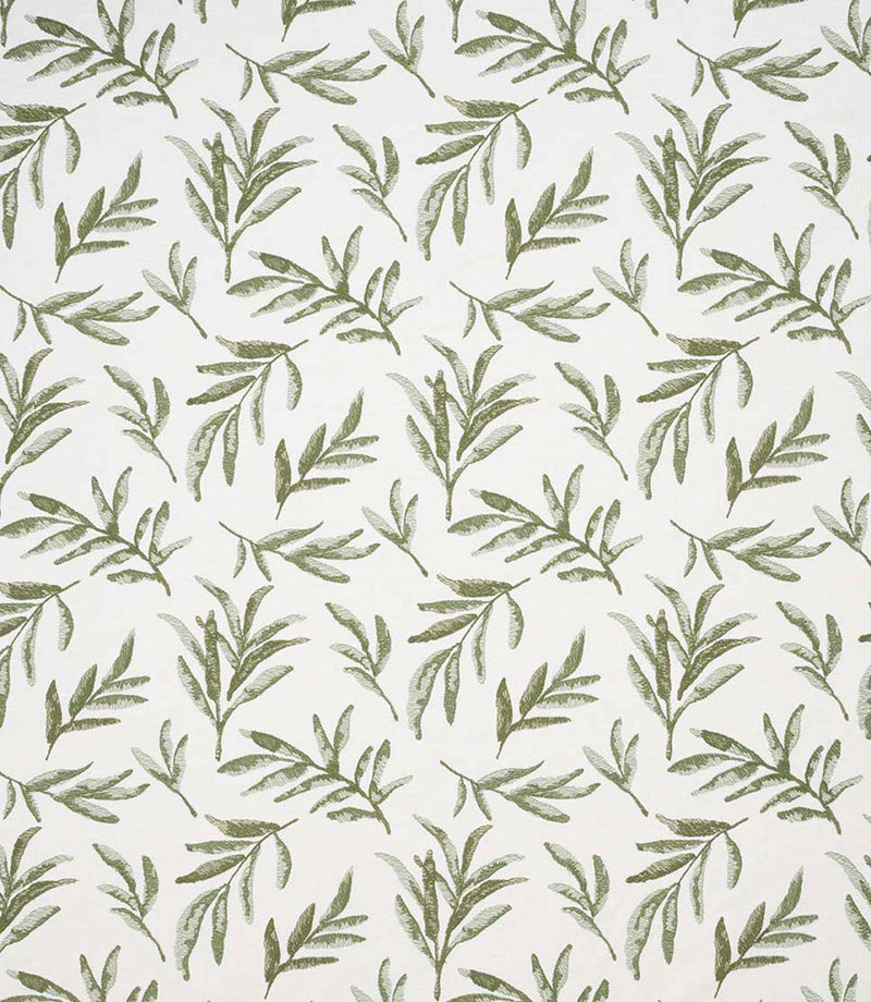 Upholstery fabric with a contemporary embroidered leaf design in soft olive green on a light neutral background.