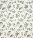 Upholstery fabric with a contemporary embroidered leaf design in soft olive green on a light neutral background.