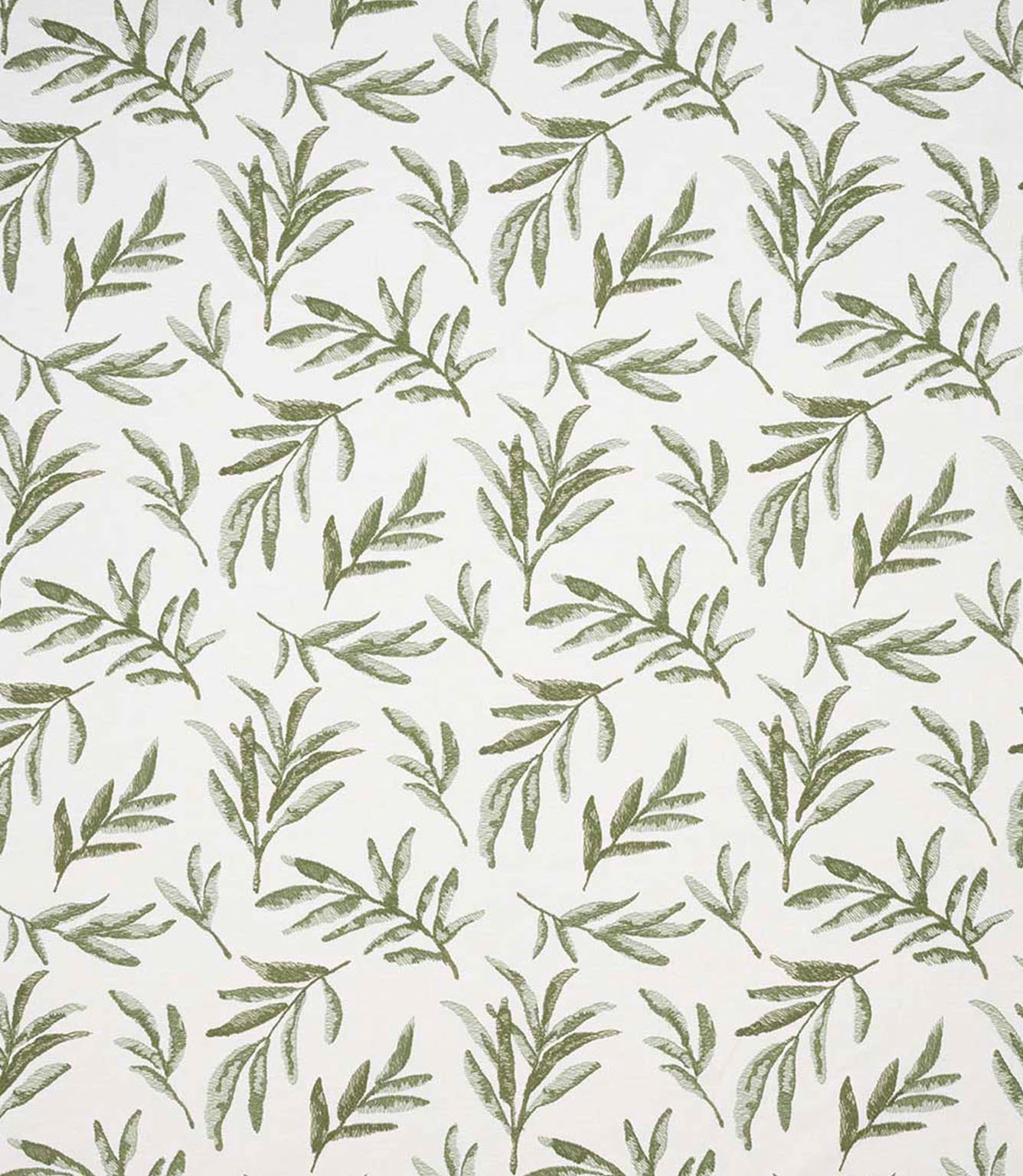 Upholstery fabric with a contemporary embroidered leaf design in soft olive green on a light neutral background.