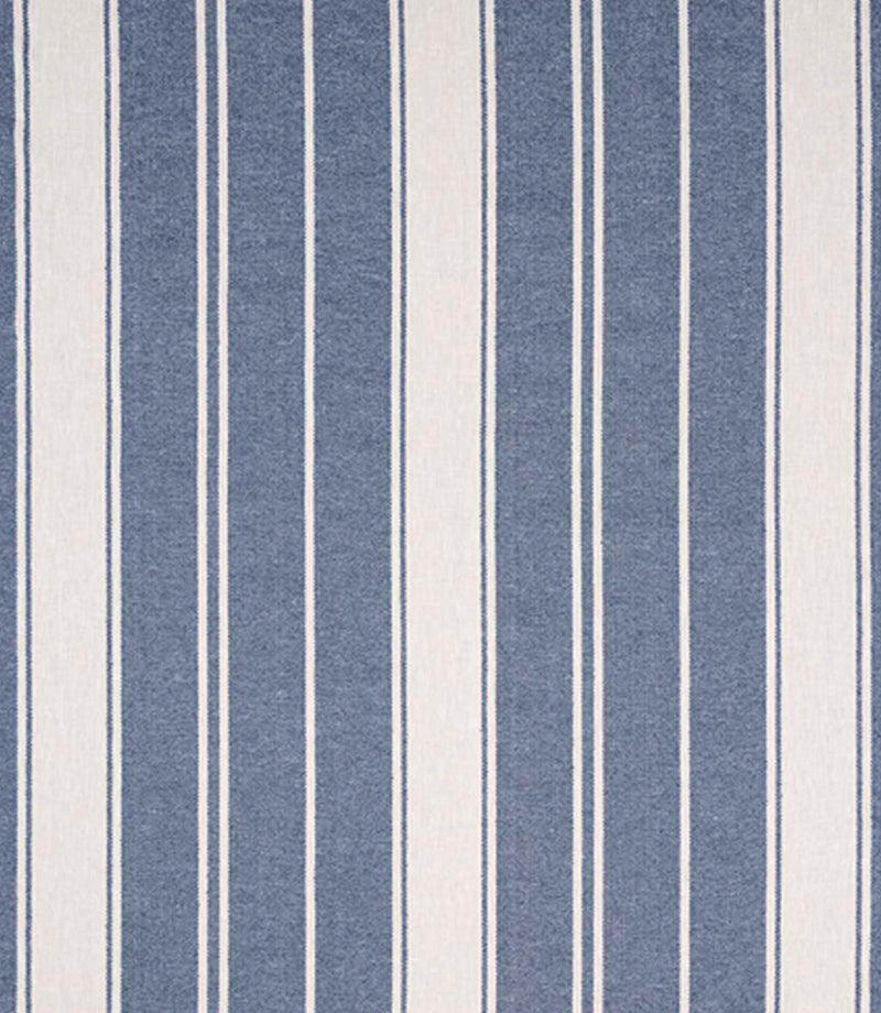 Woven stripe fabric with alternating wide and fine vertical lines in soft blue and cream tones, creating a fresh, coastal-inspired striped pattern with a lightly textured finish.
