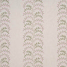 Wide view of embroidered floral fabric with repeating vertical trails of pink blossoms and green foliage set against a soft neutral background, highlighting pattern spacing and flow.