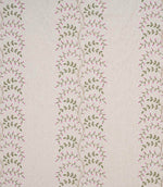 Wide view of embroidered floral fabric with repeating vertical trails of pink blossoms and green foliage set against a soft neutral background, highlighting pattern spacing and flow.