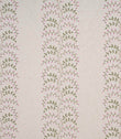 Wide view of embroidered floral fabric with repeating vertical trails of pink blossoms and green foliage set against a soft neutral background, highlighting pattern spacing and flow.