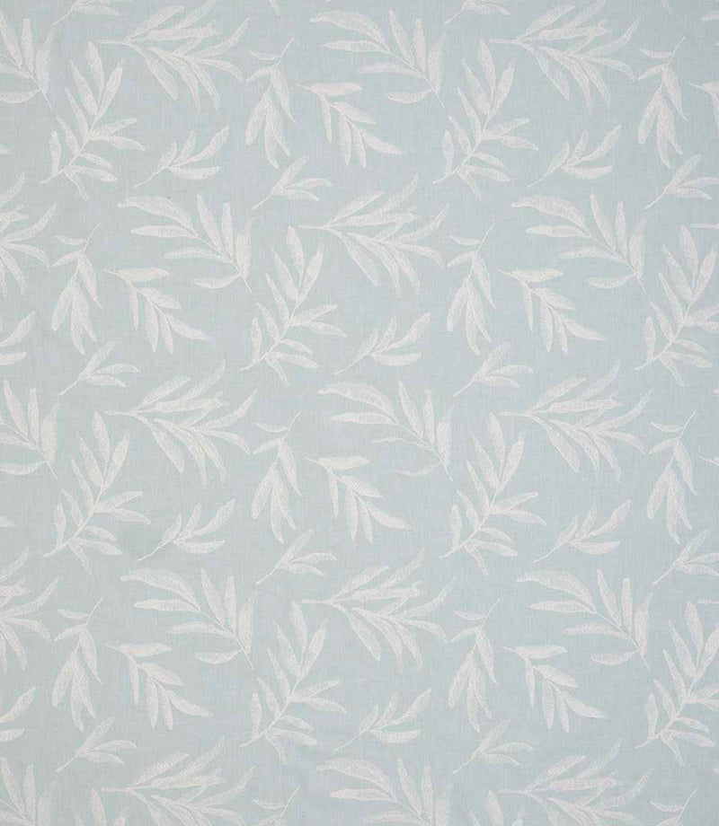 Upholstery fabric with a contemporary embroidered leaf design in soft pale blue on a light neutral background.