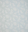 Upholstery fabric with a contemporary embroidered leaf design in soft pale blue on a light neutral background.