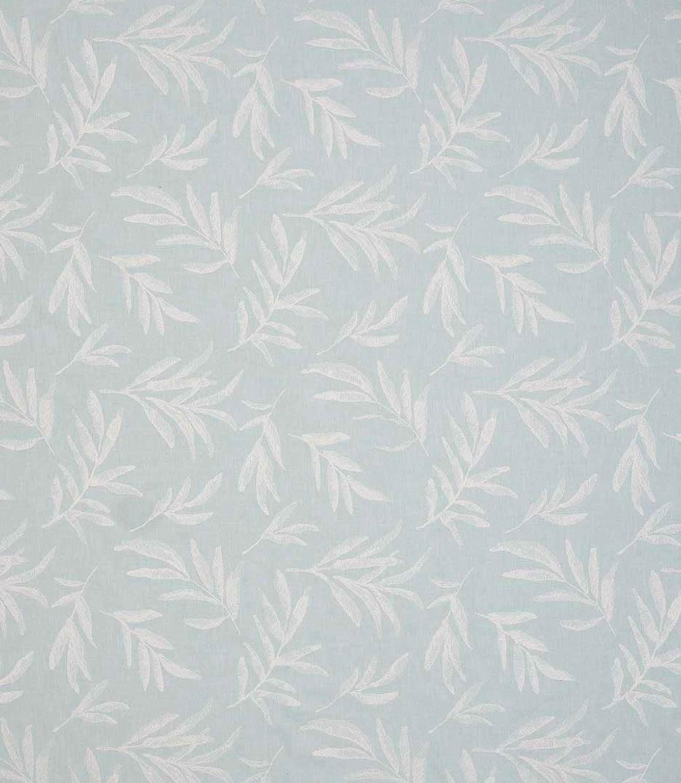 Upholstery fabric with a contemporary embroidered leaf design in soft pale blue on a light neutral background.