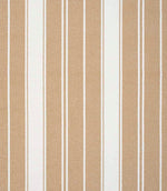Woven stripe fabric with alternating wide and narrow vertical lines in warm sandy beige and soft cream tones, creating a relaxed coastal-inspired look with subtle texture.
