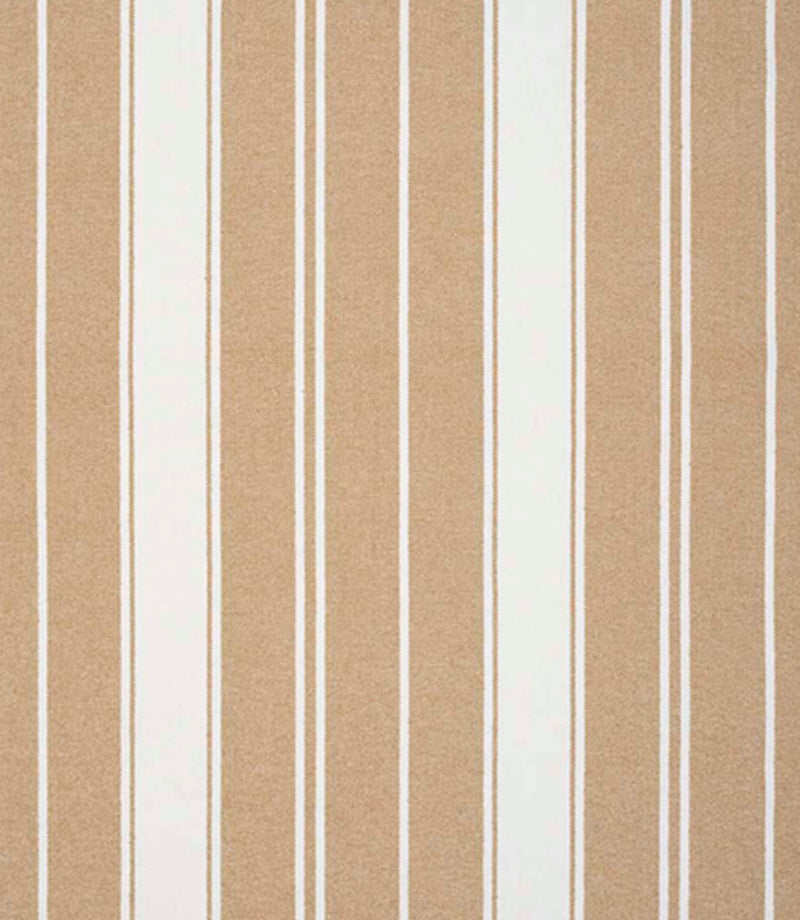 Woven stripe fabric with alternating wide and narrow vertical lines in warm sandy beige and soft cream tones, creating a relaxed coastal-inspired look with subtle texture.