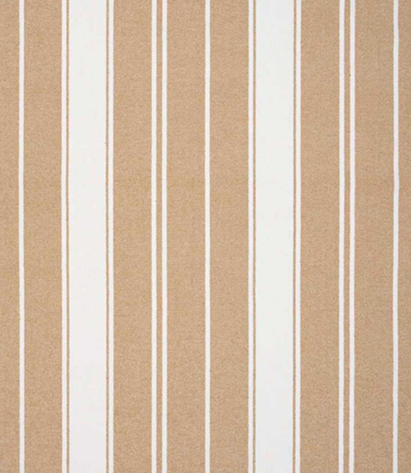 Woven stripe fabric with alternating wide and narrow vertical lines in warm sandy beige and soft cream tones, creating a relaxed coastal-inspired look with subtle texture.