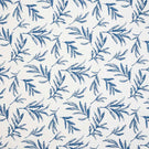 Upholstery fabric with a contemporary embroidered leaf pattern in shades of blue on a soft off-white background.