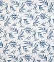 Upholstery fabric with a contemporary embroidered leaf pattern in shades of blue on a soft off-white background.