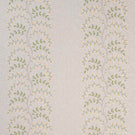 Embroidered foliage fabric with fine trailing stems, small yellow flowers and fresh green leaves arranged in vertical stripes on a subtle linen-effect neutral base.