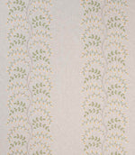 Embroidered foliage fabric with fine trailing stems, small yellow flowers and fresh green leaves arranged in vertical stripes on a subtle linen-effect neutral base.
