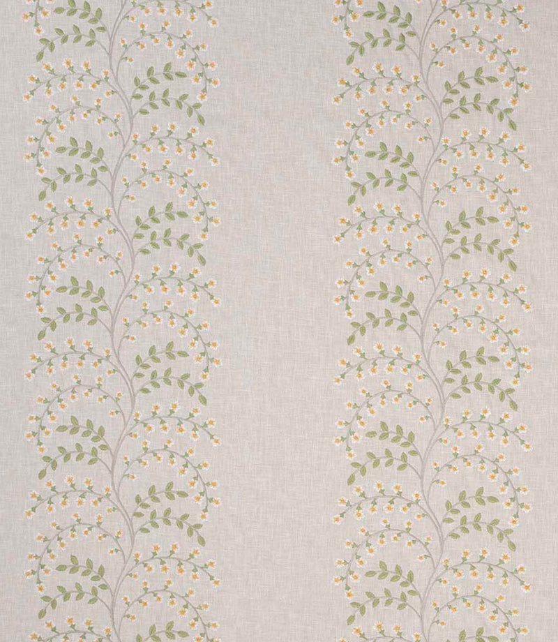 Embroidered foliage fabric with fine trailing stems, small yellow flowers and fresh green leaves arranged in vertical stripes on a subtle linen-effect neutral base.