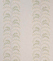 Embroidered foliage fabric with fine trailing stems, small yellow flowers and fresh green leaves arranged in vertical stripes on a subtle linen-effect neutral base.