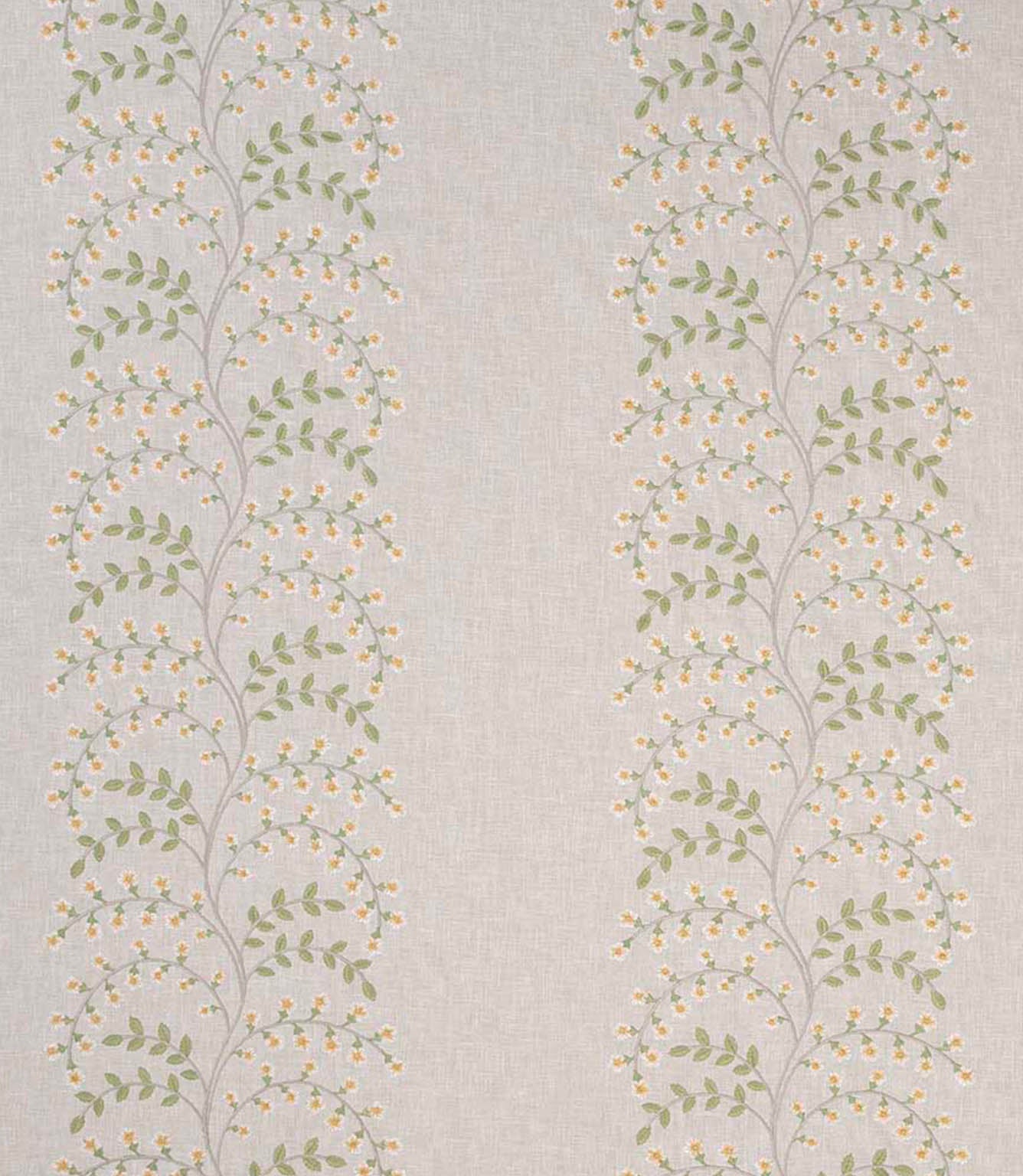 Embroidered foliage fabric with fine trailing stems, small yellow flowers and fresh green leaves arranged in vertical stripes on a subtle linen-effect neutral base.