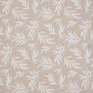 Contemporary embroidered upholstery fabric featuring a scattered leaf design in soft white stitching on a natural linen-look background.