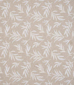 Contemporary embroidered upholstery fabric featuring a scattered leaf design in soft white stitching on a natural linen-look background.