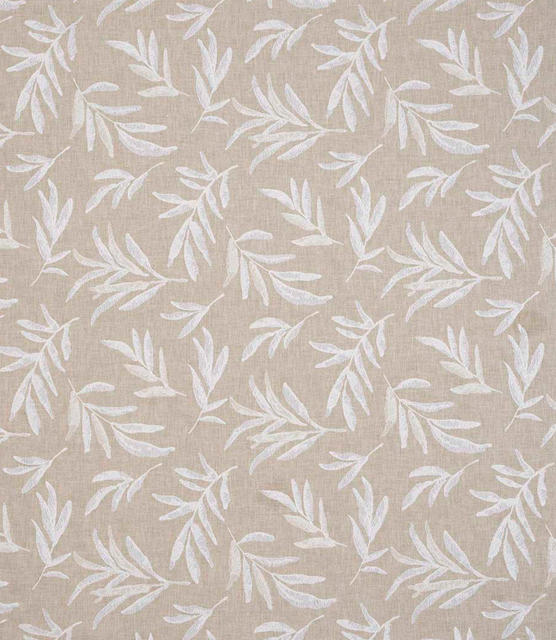 Contemporary embroidered upholstery fabric featuring a scattered leaf design in soft white stitching on a natural linen-look background.