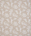 Contemporary embroidered upholstery fabric featuring a scattered leaf design in soft white stitching on a natural linen-look background.