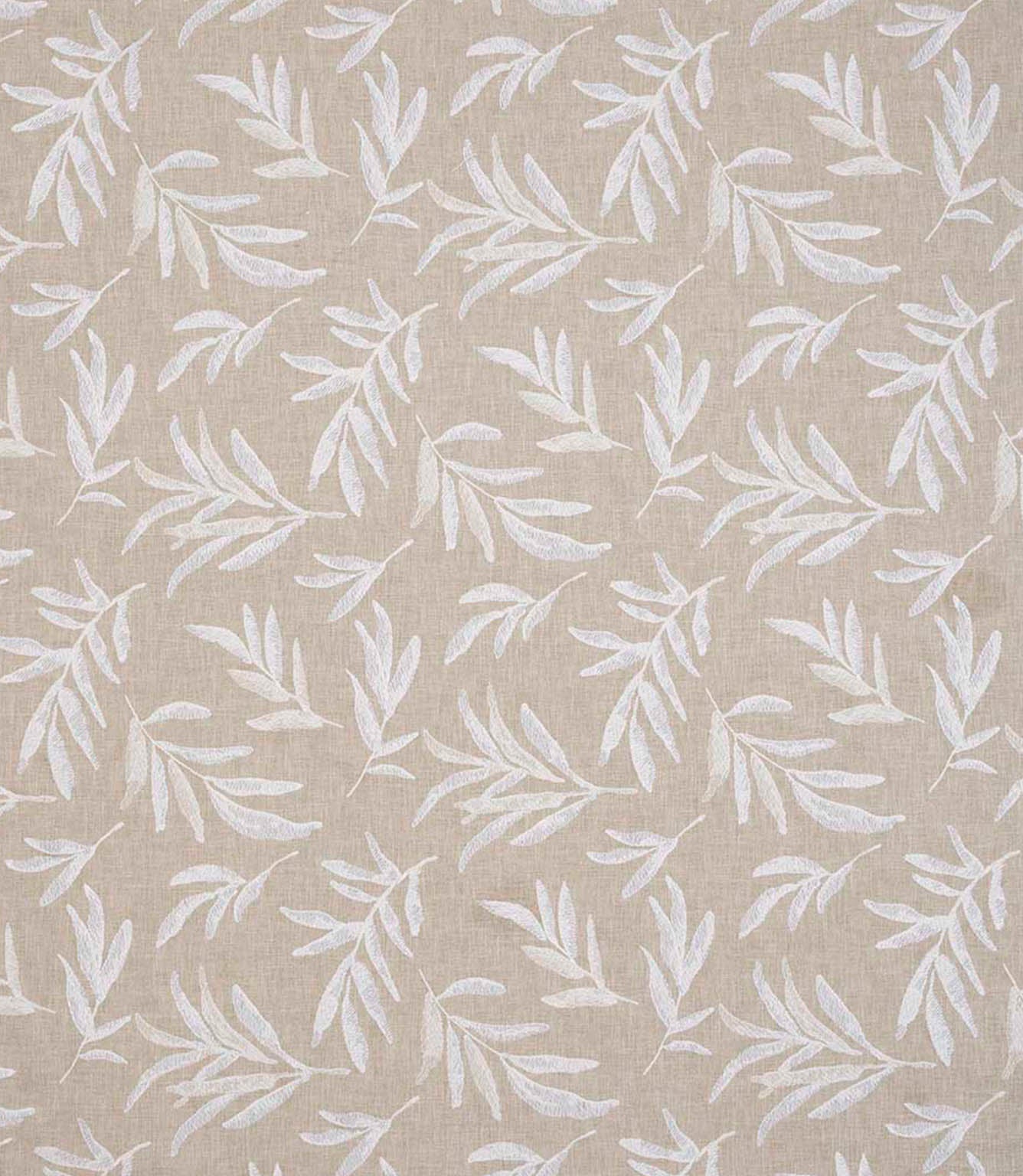 Contemporary embroidered upholstery fabric featuring a scattered leaf design in soft white stitching on a natural linen-look background.