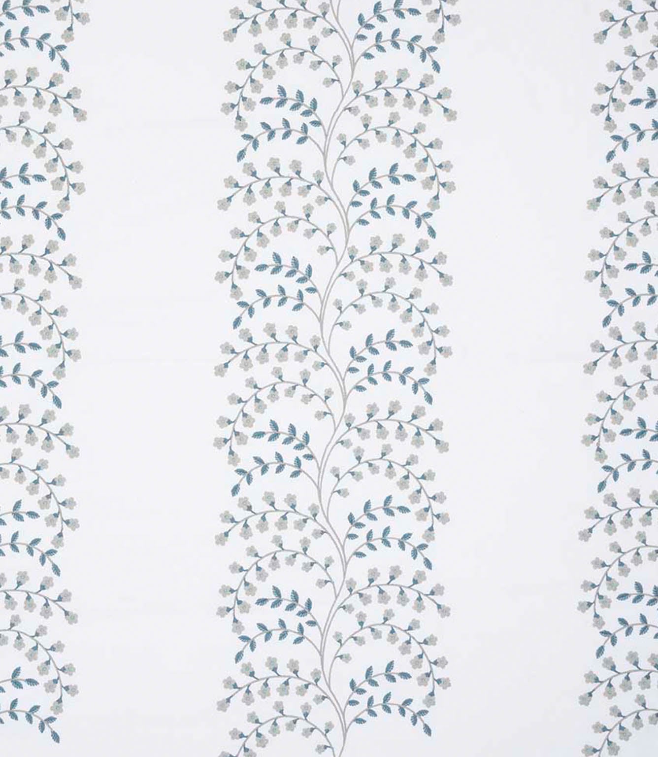 Embroidered floral trail fabric with delicate vine pattern in soft blue-green and pale grey tones on a light ivory background, showing vertical repeat and fine stitched detailing.