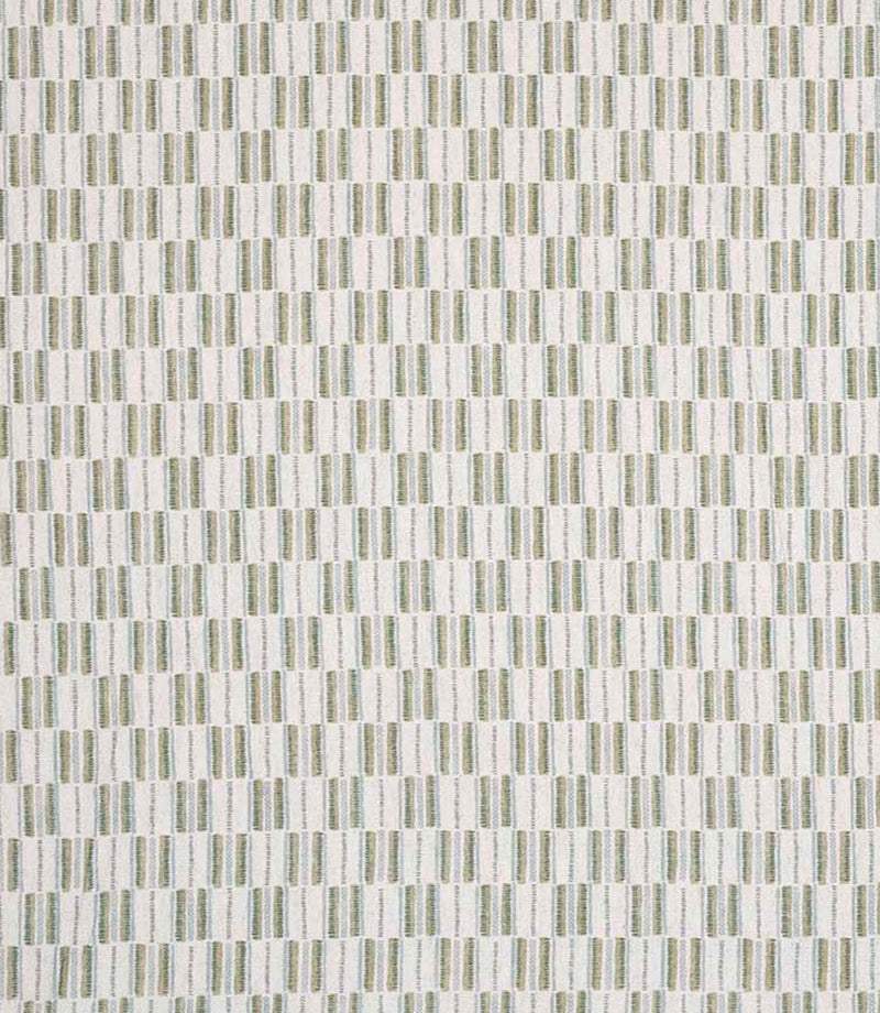 Contemporary upholstery fabric with a small-scale woven stripe pattern in soft green and neutral tones on a light ground.