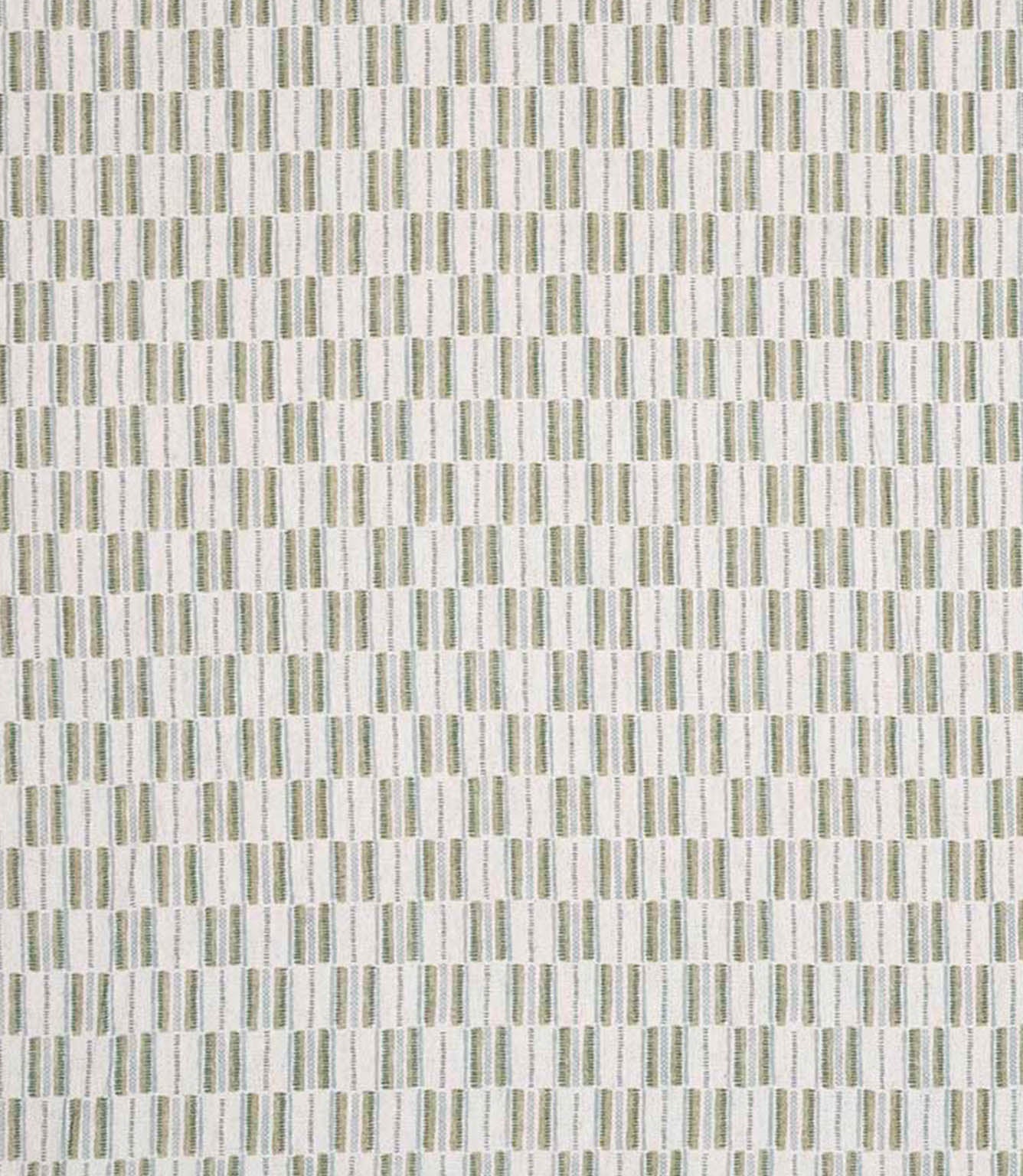 Contemporary upholstery fabric with a small-scale woven stripe pattern in soft green and neutral tones on a light ground.