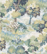 Designer fabric with a scenic landscape pattern featuring layered trees and foliage in soft green, sage and olive tones, with accents of pale blue water and gentle beige highlights.