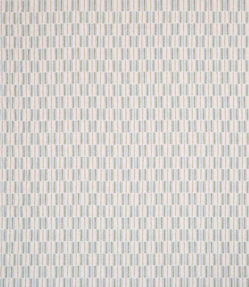 Contemporary upholstery fabric with a small-scale woven stripe pattern in soft sage and muted neutral tones on a light ground.