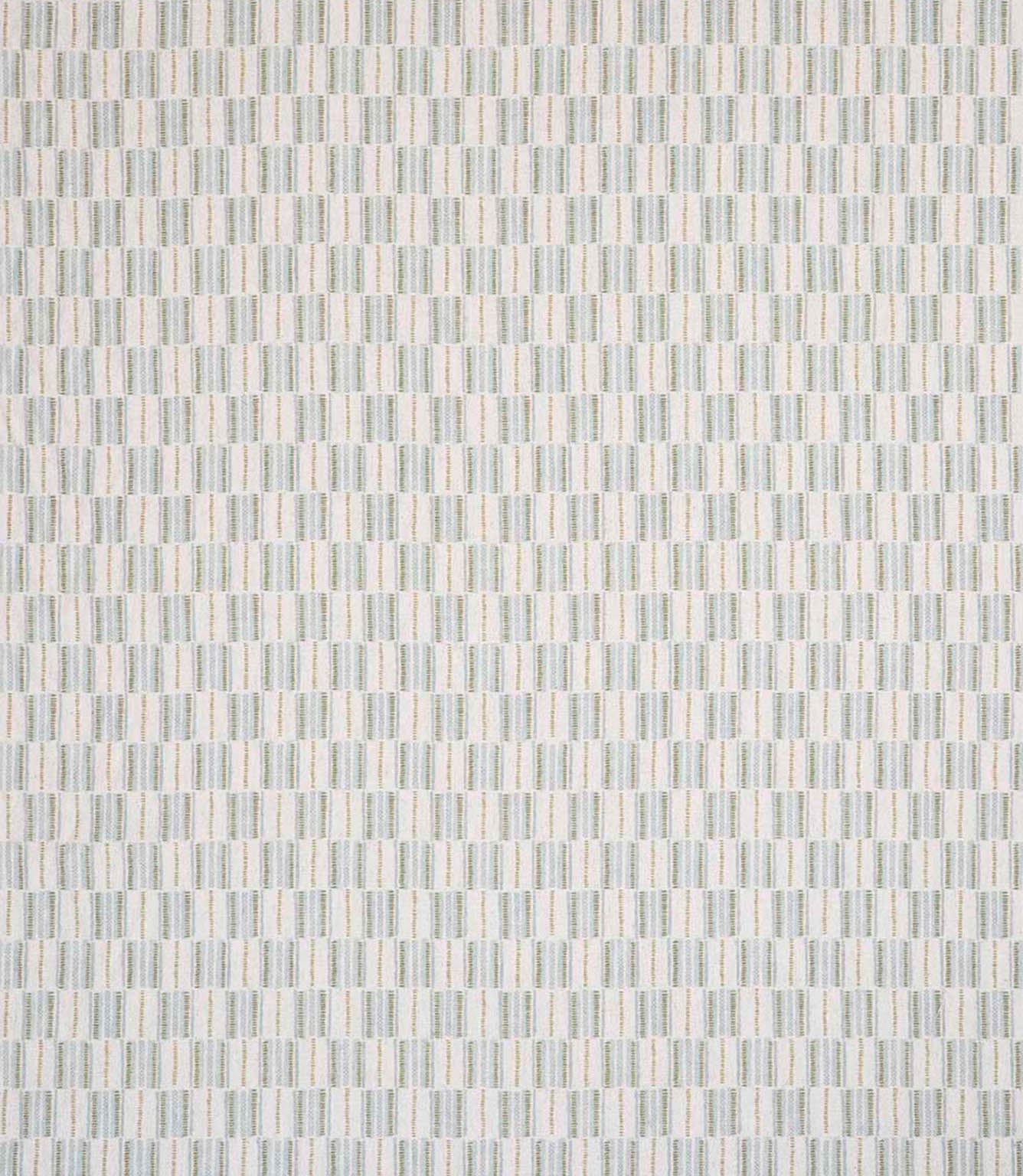 Contemporary upholstery fabric with a small-scale woven stripe pattern in soft sage and muted neutral tones on a light ground.