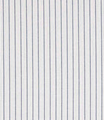 Woven stripe fabric with fine, closely spaced vertical lines in soft blue and grey tones on a light neutral background, creating a subtle, balanced pattern with gentle texture.