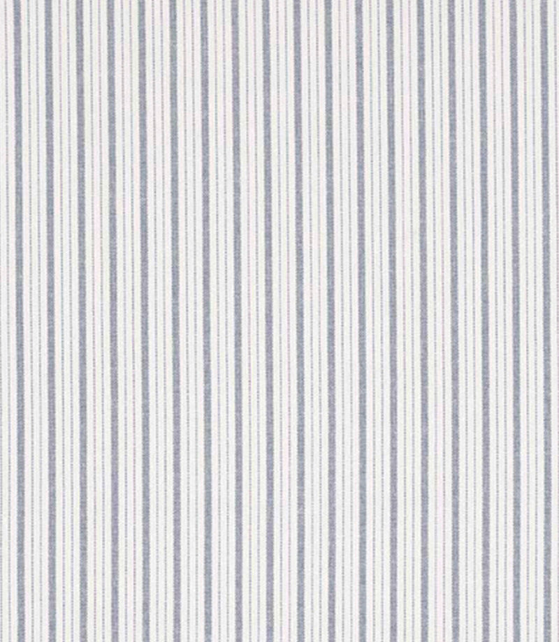 Woven stripe fabric with fine, closely spaced vertical lines in soft blue and grey tones on a light neutral background, creating a subtle, balanced pattern with gentle texture.