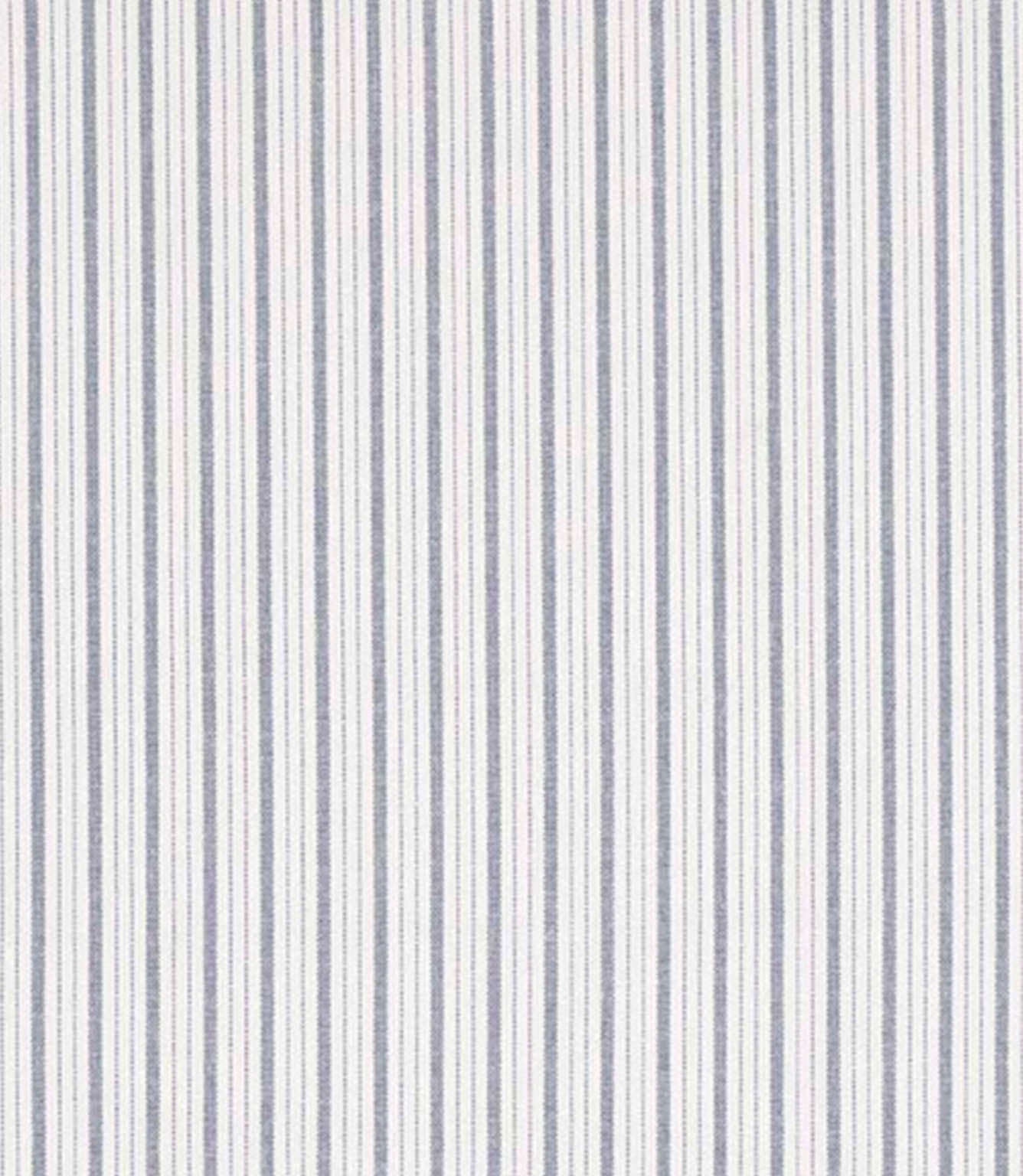Woven stripe fabric with fine, closely spaced vertical lines in soft blue and grey tones on a light neutral background, creating a subtle, balanced pattern with gentle texture.