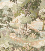 Woven designer fabric featuring a scenic landscape with layered green foliage, soft sage and olive trees, and warm beige and muted earthy tones creating a natural countryside feel.
