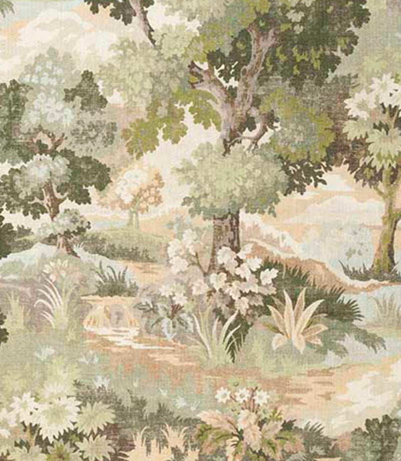 Woven designer fabric featuring a scenic landscape with layered green foliage, soft sage and olive trees, and warm beige and muted earthy tones creating a natural countryside feel.