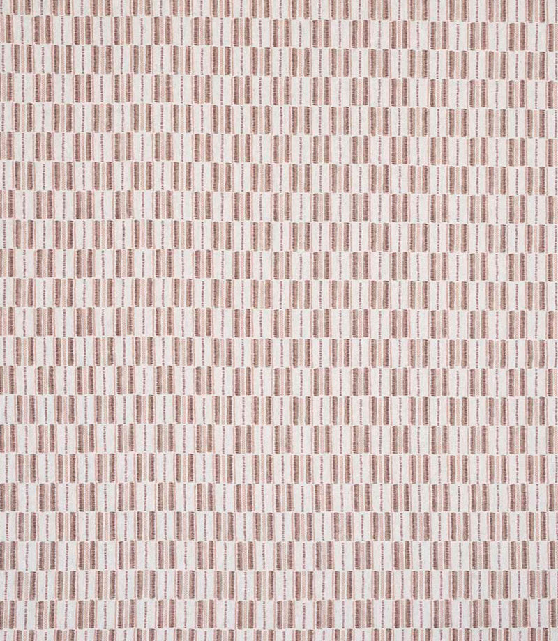 Contemporary upholstery fabric with a small-scale woven stripe pattern in warm terracotta tones on a soft neutral ground.
