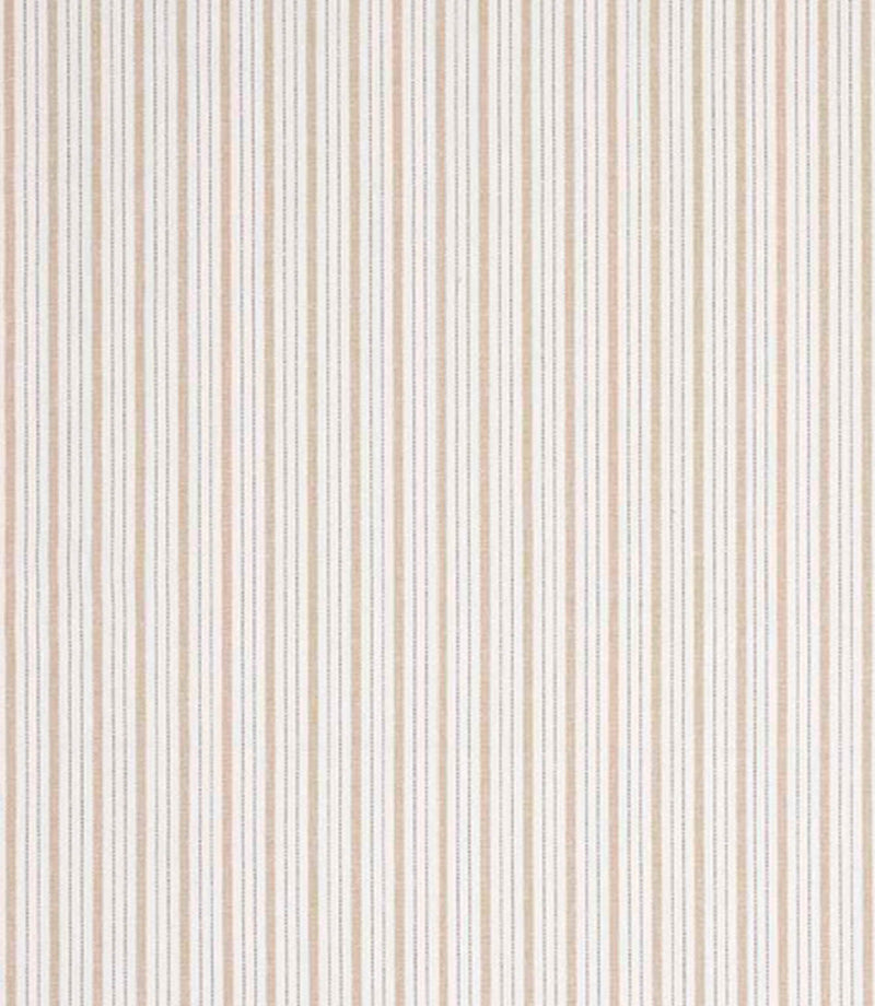 Woven stripe fabric with fine vertical lines in soft beige and warm neutral tones on a light background, showing subtle texture and a relaxed, classic feel.