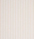 Woven stripe fabric with fine vertical lines in soft beige and warm neutral tones on a light background, showing subtle texture and a relaxed, classic feel.