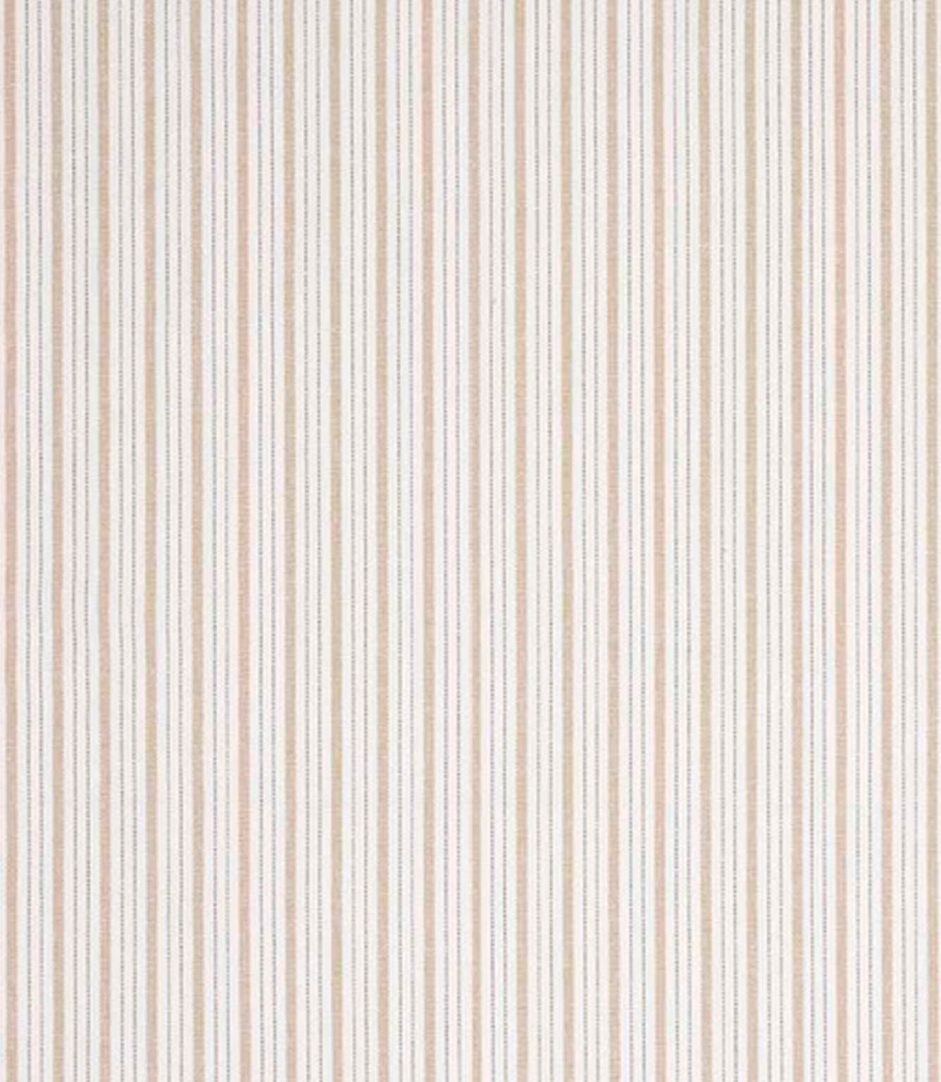 Woven stripe fabric with fine vertical lines in soft beige and warm neutral tones on a light background, showing subtle texture and a relaxed, classic feel.