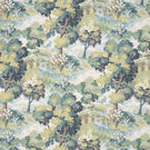 All-over countryside design fabric with detailed green and olive foliage, soft blue water elements and subtle beige and cream tones, creating a calm, nature-inspired palette.