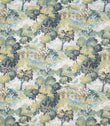 All-over countryside design fabric with detailed green and olive foliage, soft blue water elements and subtle beige and cream tones, creating a calm, nature-inspired palette.