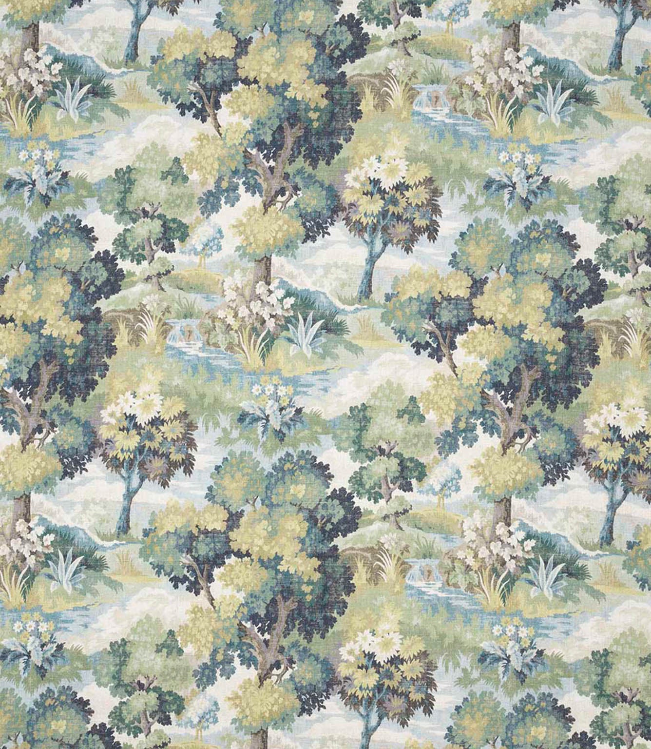 All-over countryside design fabric with detailed green and olive foliage, soft blue water elements and subtle beige and cream tones, creating a calm, nature-inspired palette.
