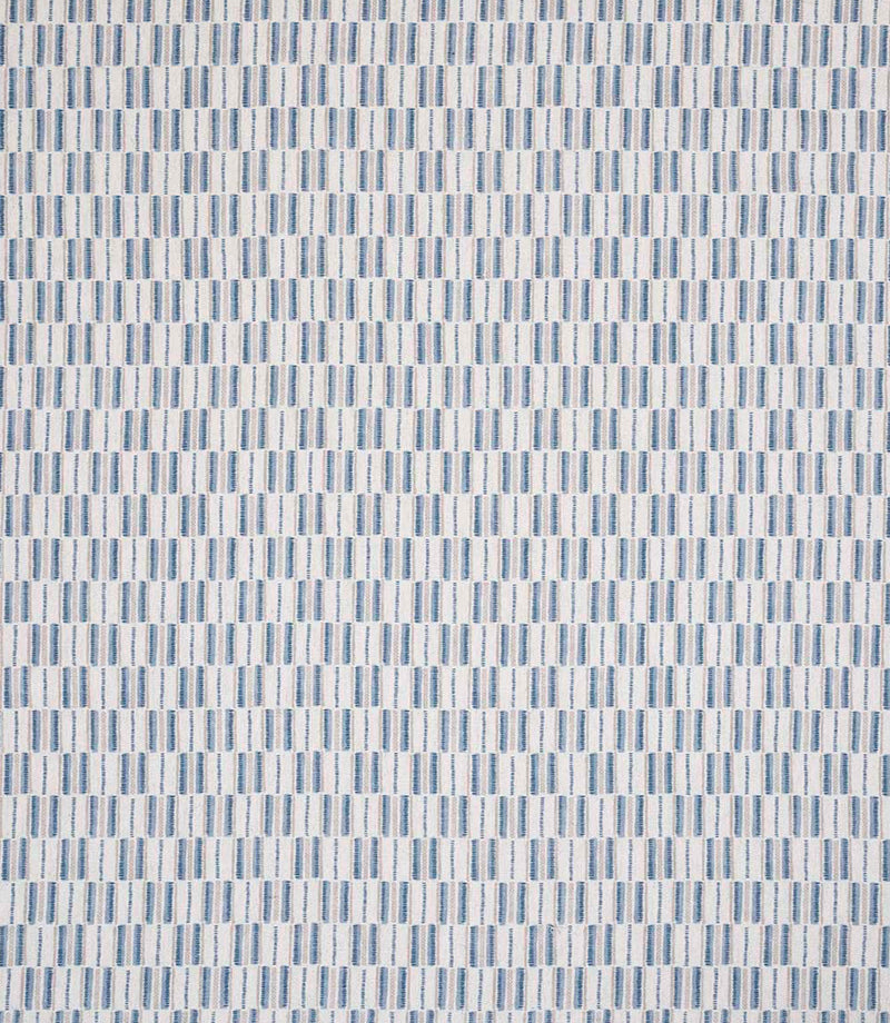 Contemporary upholstery fabric with a small-scale woven pattern of vertical blue stripes on a soft neutral ground.
